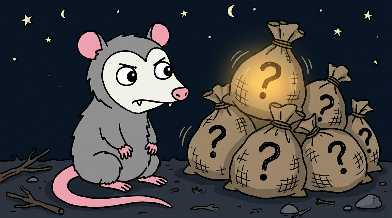 Oppy at night, side-eyeing a glowing sack among a pile of sacks marked with question marks